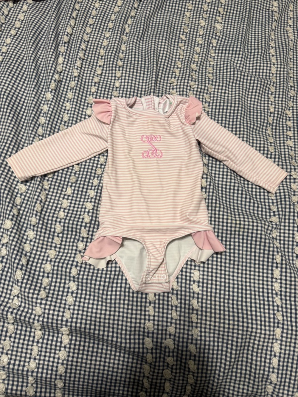 Pink Striped Long-Sleeve Ruffle One-Piece Rash Guard Swimsuit for Kids